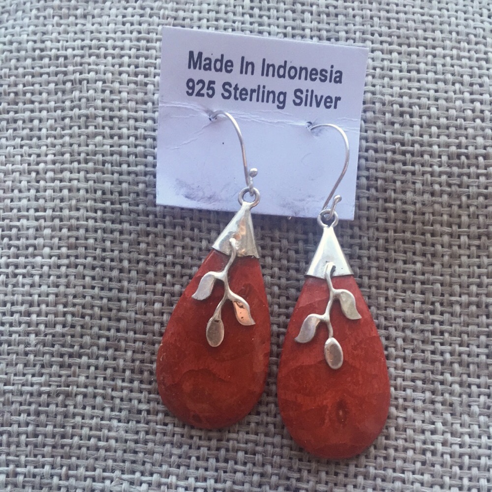 New Sterling Silver Red Coral Earrings Indonesia Leaves